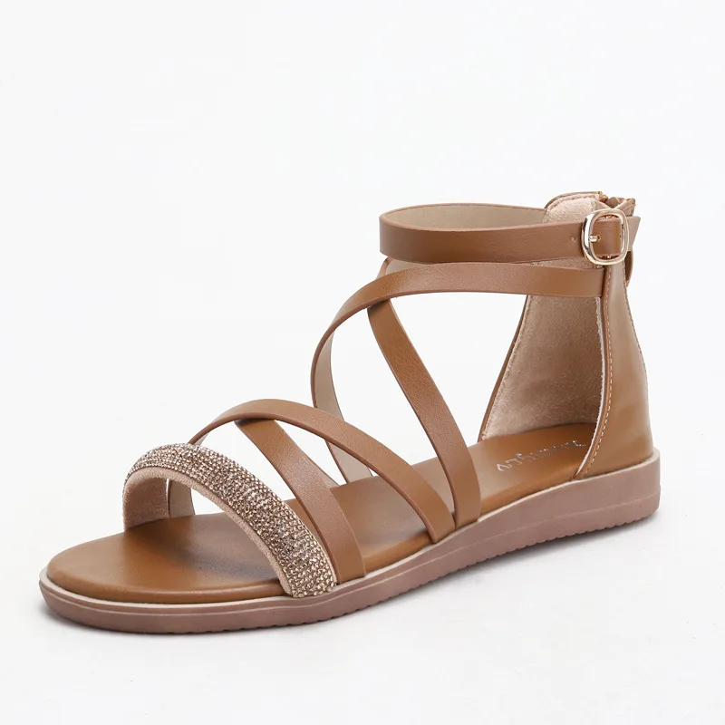 

High Quality 2023 New Arrivals Summer Fashion Comfortable Heel Pressure Drilling Niche Word Roman Sandals Black Brown 1477-11