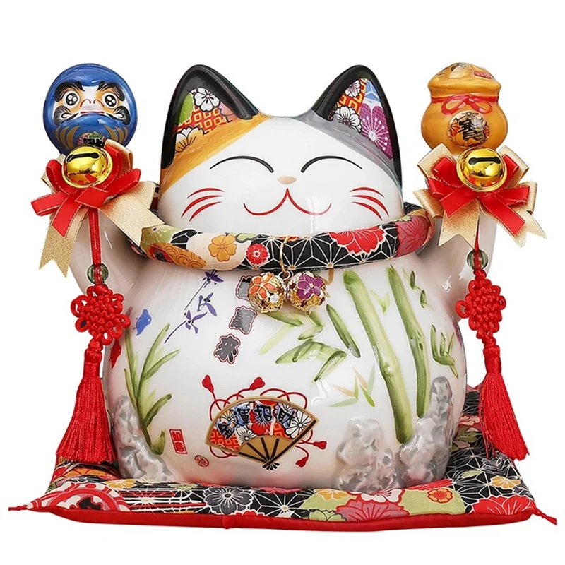 8 Inch Japanese Ceramic Lucky Cat Maneki Neko With Daruma Fortune Cat Fengshui Crafts Money Box Home Desktop Decor