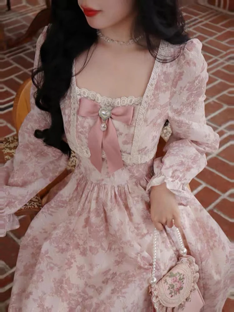 

Женское винтажное милое платье миди, розовое элегантное платье средней длины с цветочным принтом и бантом на рукавах-фонариках, весна 2023