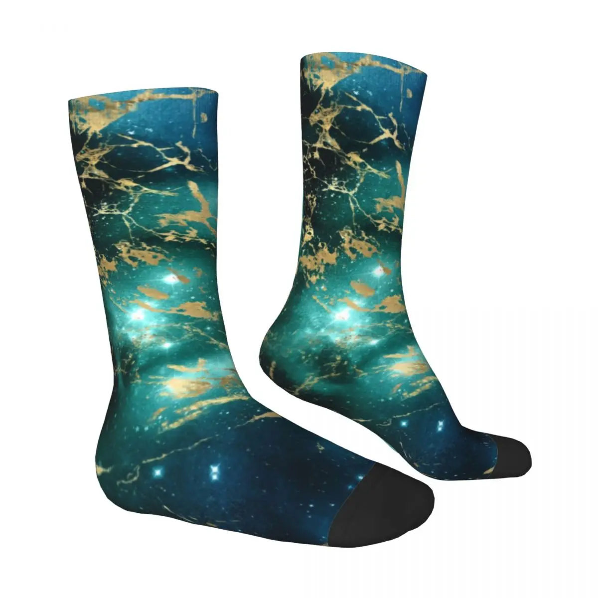 Черные, зеленые носки с изображением звездной ночи, уличные эластичные носки средней длины с мраморным принтом, большие классические носки из химического волокна для подростков