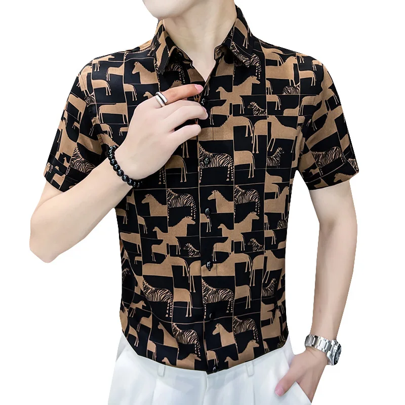 Brand Print Shirts Men Summer Short Sleeve Casual Business Formal Dress Shirt High Quality Lapel Tops Social Slim Tuxedo Blouse
