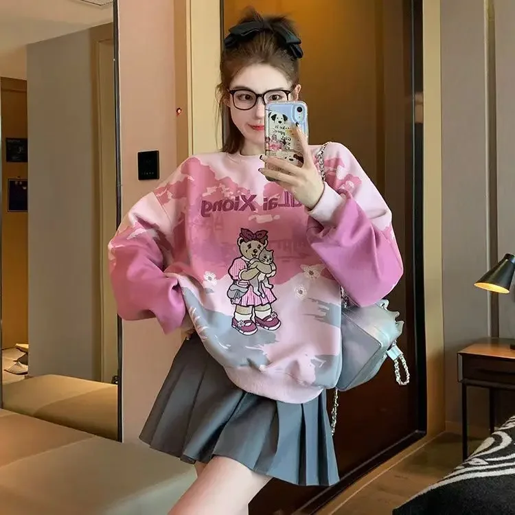Розовые толстовки с принтом кота и медведя женские круглым вырезом длинными