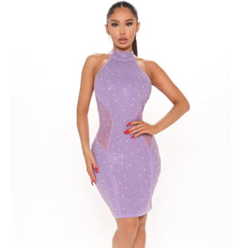 

New Purple Women Sexy Sleeveless Diamond Shinning Bodycon Mini Dress Nightclub Party Celebrate Birthday Outfit Vestido