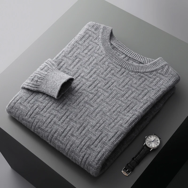 Men's Sweater Autumn Winter New Round Neck Thickened Pullover Sweater Large Size 100% Pure Wool Business Casual Loose Tops Men's