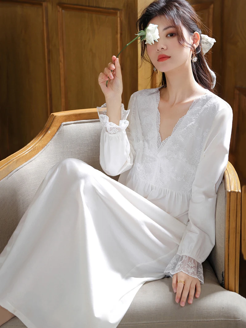 Women Cotton Ruffles Lace V-Neck Vintage Nightgowns Robe Nightie Long Sleeve Night Dress Victorian Romantic Princess Sleepwear