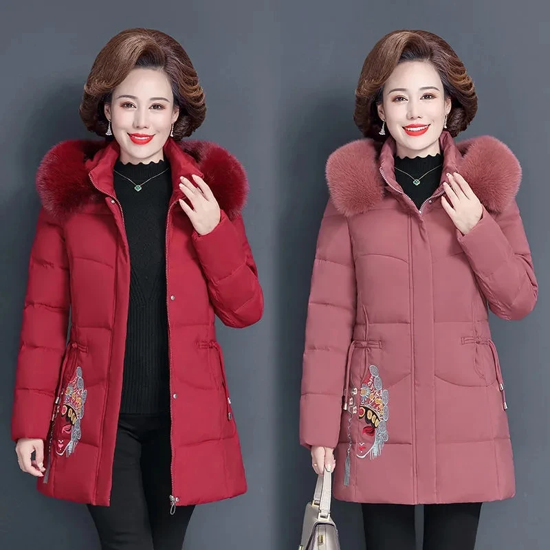 Middle Aged Women Cotton Padded Coat Down Jacket New Fashion Hooded Fur Collar Parkas Women Winter Jacket Coat Outerwear