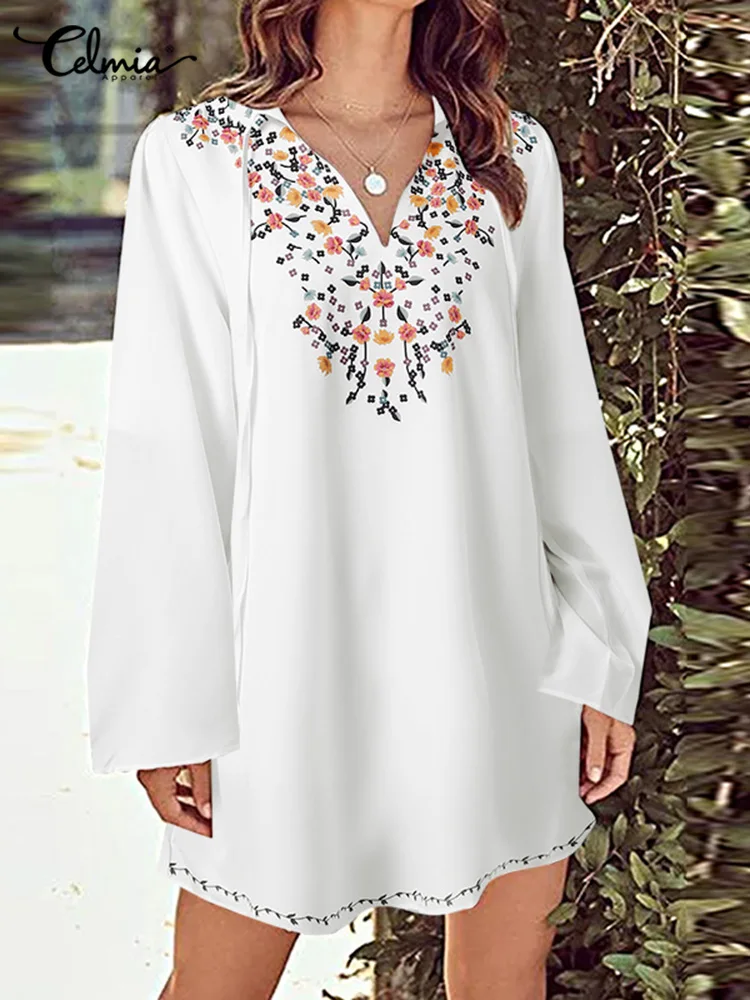

Celmia Women Lace-up Short Vestidos Casual Loose Floral Printing Long Sleeve 2022 Summer Mini Dress Holiday V-neck Vintage Robes