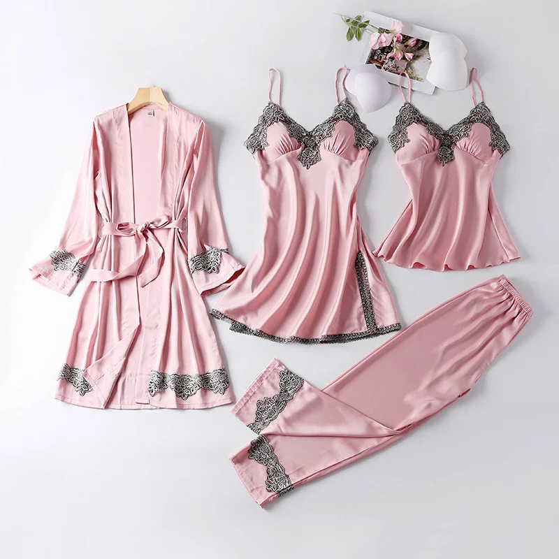 

JULY'S SONG New 4 Pieces Women Pajamas Sets Faux Silk Pajamas Sleepwear Sets Elegant Sexy Lace Fashion Spring Autumn Homewear