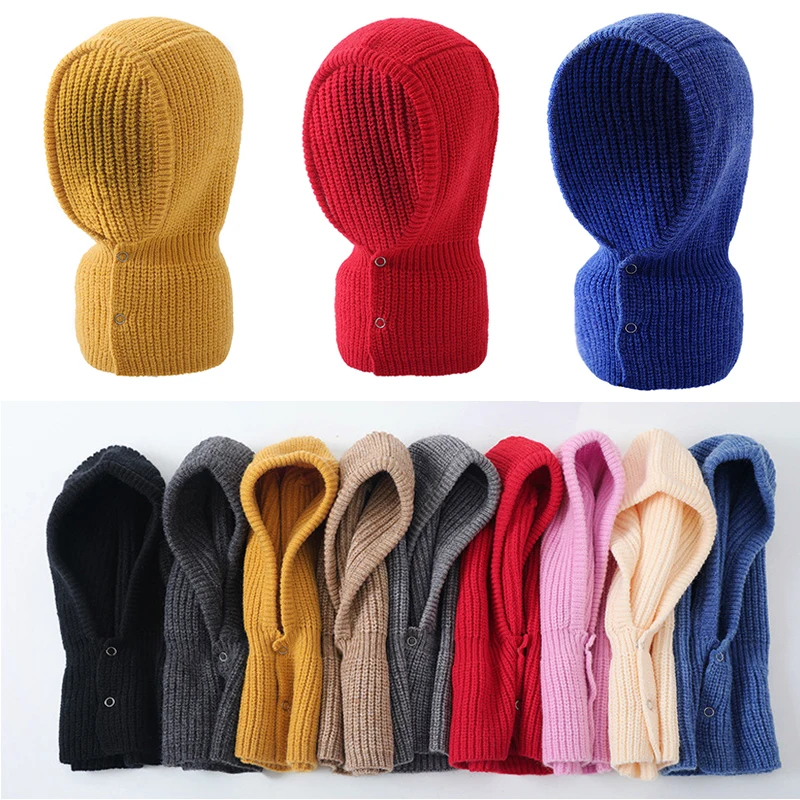 

Warm One Piece Scarf Cap Hood Beanies Winter Knitted Ear Protection Balaclava Hat Solid Color Headgear Bonnet For Women Men