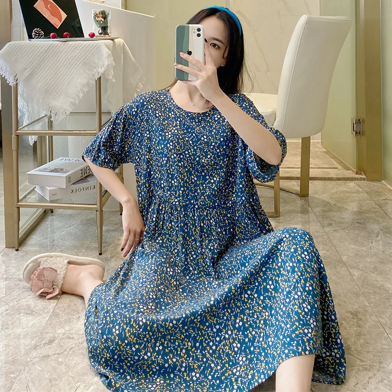Large Size Nightdress Short Sleeved Cotton Silk Nightdress Retractable Belt Floral Over-the-knee Long Skirt Large Hemline