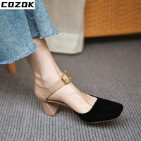 apricot baotou square head one word buckle sandals womens commuter temperament summer high heels womens thick heel work shoes