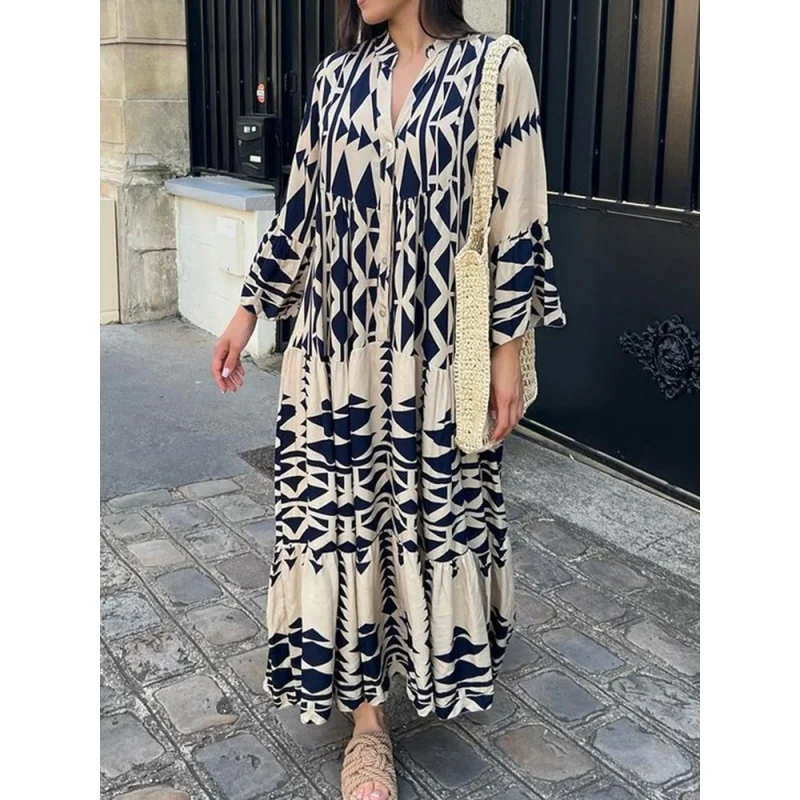 

Women Vintage Print Dresses 2023 Summer V-Neck Long Sleeve Pleated Long Dresses Female Boho Beach Shirt Dress Casual Robe