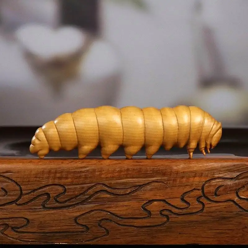 

Boxwood carved silkworm baby hand piece of new Chinese solid wood home accessories table decoration trinket tray play literary