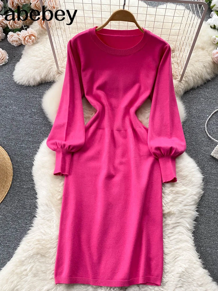 

Women Autumn French Knitted Dress O Neck Long Sleeve Sheath Dress Office Lady Fashion Solid Mid Long Sweater Dress