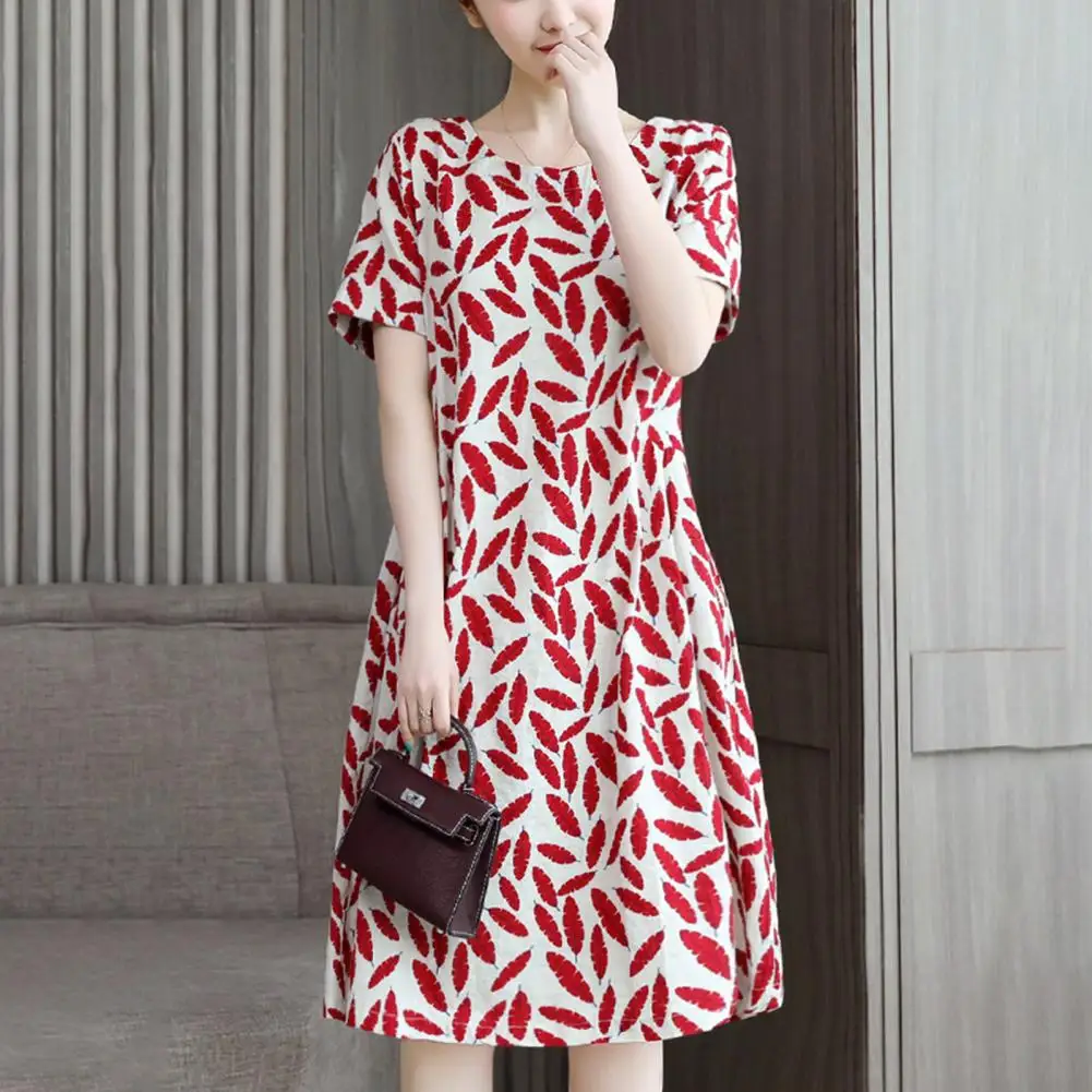 

Women Summer Dress Loose A Line Big Hem Short Sleeves Midi Dress Dress-up Round Neck Mother Dress Female Garment For Daily Wear