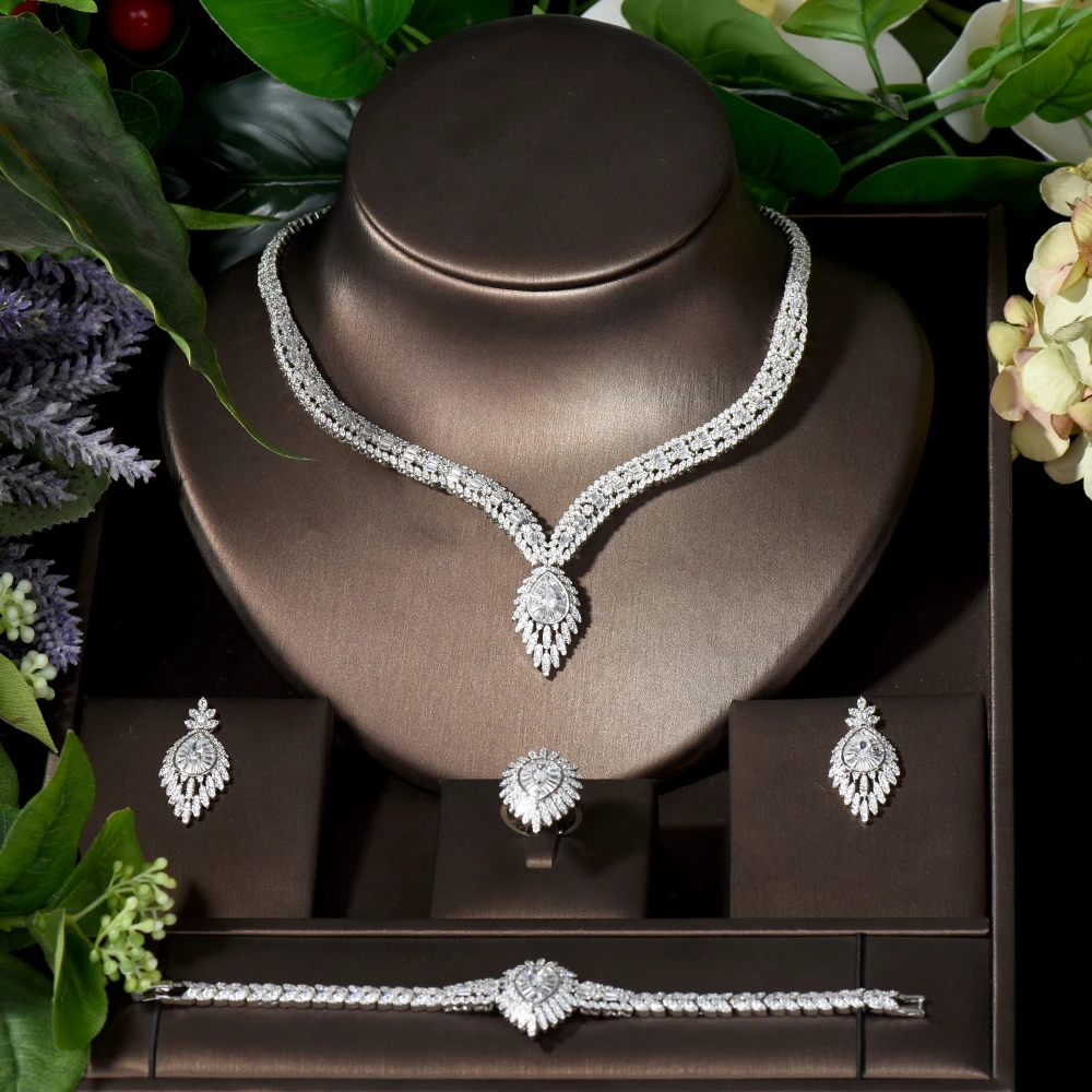 Fashion White Cubic Zirconia Pave Luxury Water Drop Engagement Costume Jewelry Sets for Brides Wedding Banquet Accessories S-005