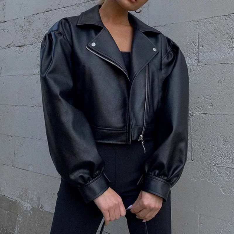 Autumn Faux PU Leather Black Puff Sleeve Blazer Jacket Casual Zipper Top Short Jacket Women's Lapel Black Motorcycle Jacket