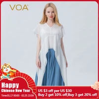 voa silk jacquard ivory white v neck petal short sleeved dovetail design three dimensional decorative loose t shirt women be727