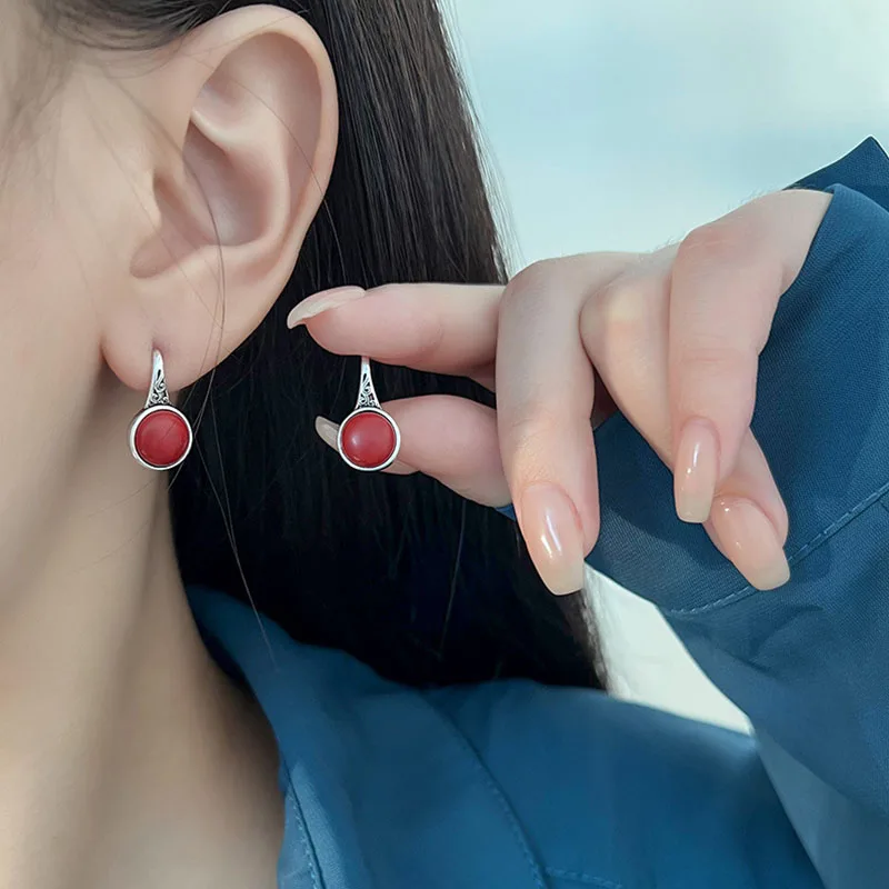 

PANJBJ 925 Sterling Silver Red Agate Retro Earring for Women Simple Bohemia Ethnic Jewelry Birthday Gift Dropshipping