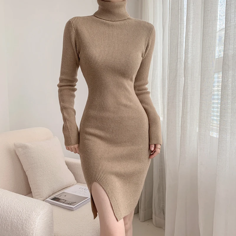 

Turtleneck Knitted Sexy Warm Maxi Wedding Dresses for Women Elegant Long Sleeve Sweater Bodycon Mini Dress Office Lady Winter