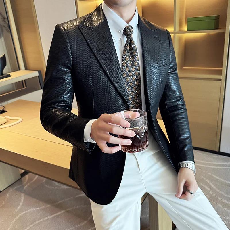 High-Grade Pu Shuai Leather Suit Men's 2024 New Plaid Outerwear Trendy Korean Sle Slim fit Business Casual Jacket