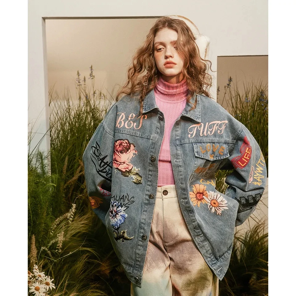 Женские свободные повседневные ковбойские куртки с принтом граффити
