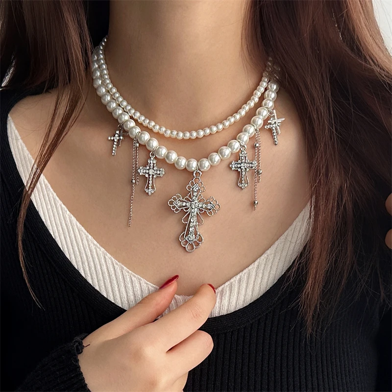 Gothic Sle Double-Layer Pearl Cross Necklace Women Choker Design Sense Advanced Accessories