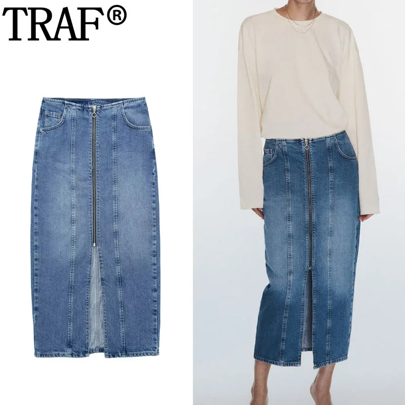 

TRAF Denim Skirts For Womens High Waist Blue Long Skirts Streetwear Zipper Midi Skirts Summer 2023 Woman Slit Faded Jean Skirt
