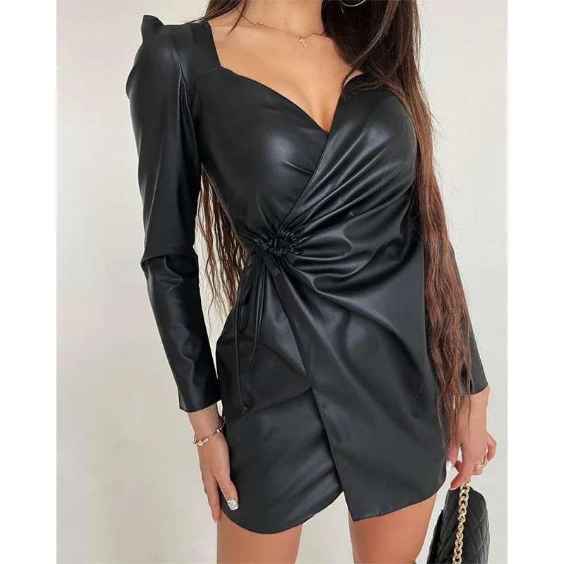 

Ladies dress 2022 spring new style pu leather sexy v-neck bag hip skirt black slim lace-up ruffled long-sleeved dress