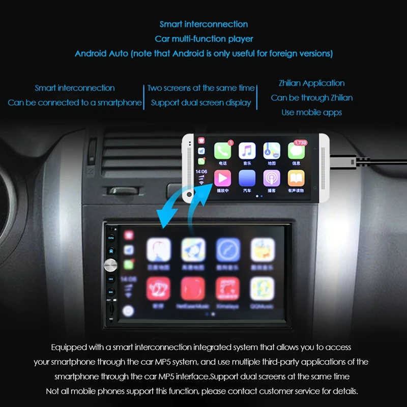 

7Inch 2 DIN Car Radio Car Bluetooth MP5 Contact Screen Player FM Stereo AUX RCA Audio Supports for Android / IOS