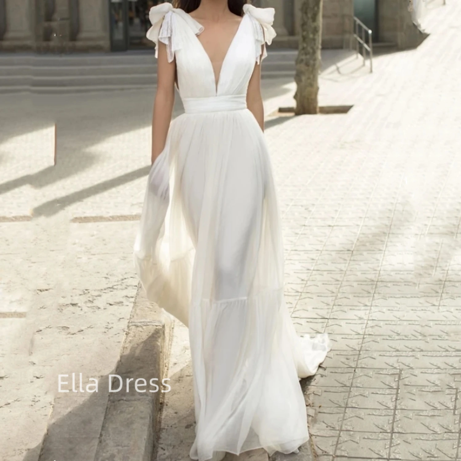 

Ella Chiffon Wedding Dress Women V Neck Elegant A-Line Spaghetti Strap Bow Knot Backless Bridal Gown