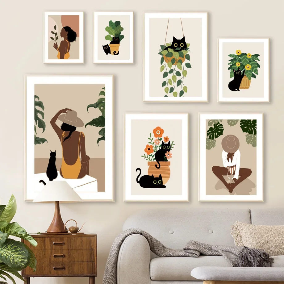 Сексуальная абстрактная черная девушка кошка листья цветок растение Бохо