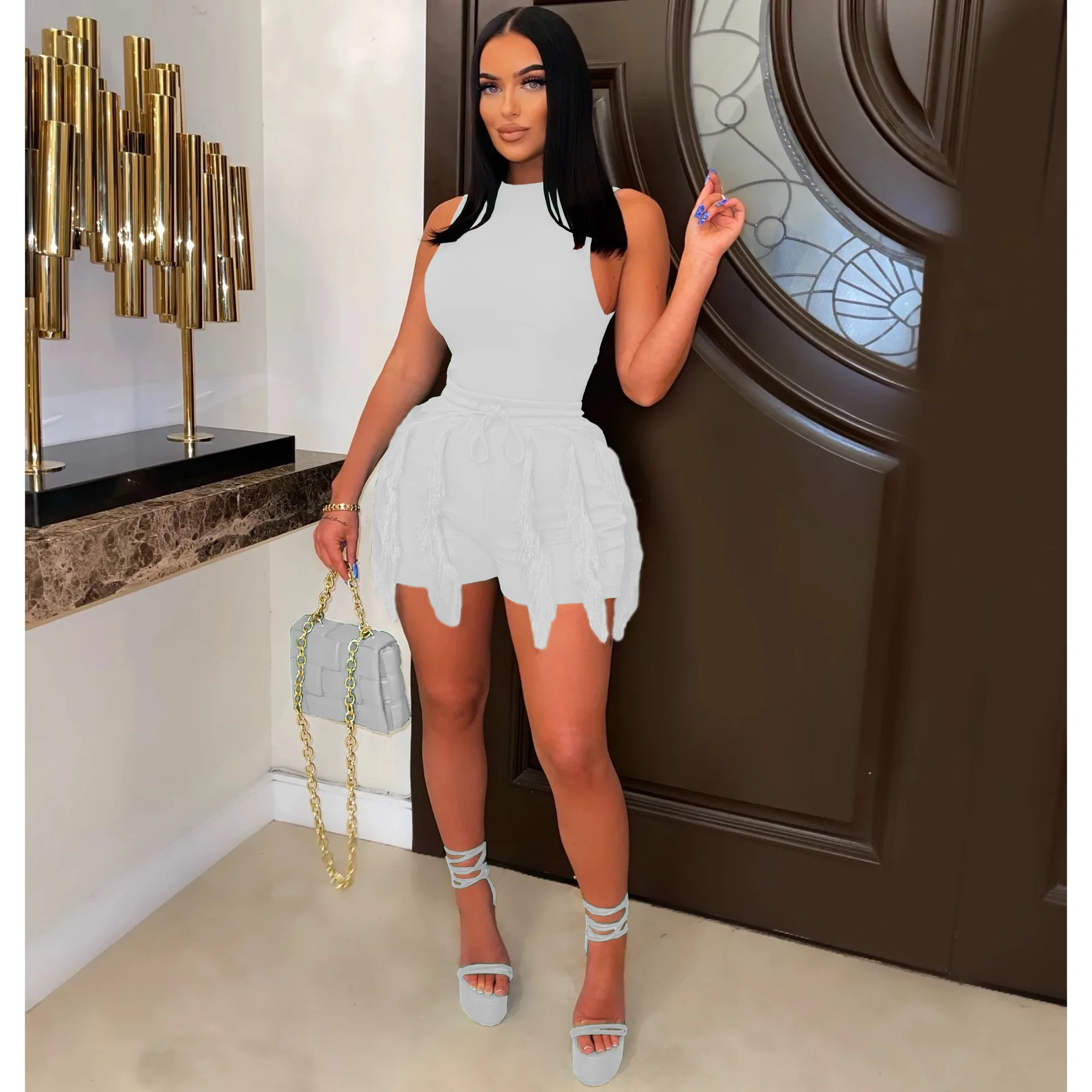 

Solid Tassel Tank Playsuits Ladies Casual Romper Overalls Women Summer Sexy O Neck Sleeveless Solid Color Shorts Jumpsuits