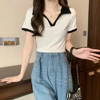 yasuk summer fashion solid casual t shirts polo lapel pullover womens short sleeved slim tess soft all match simple patchwork