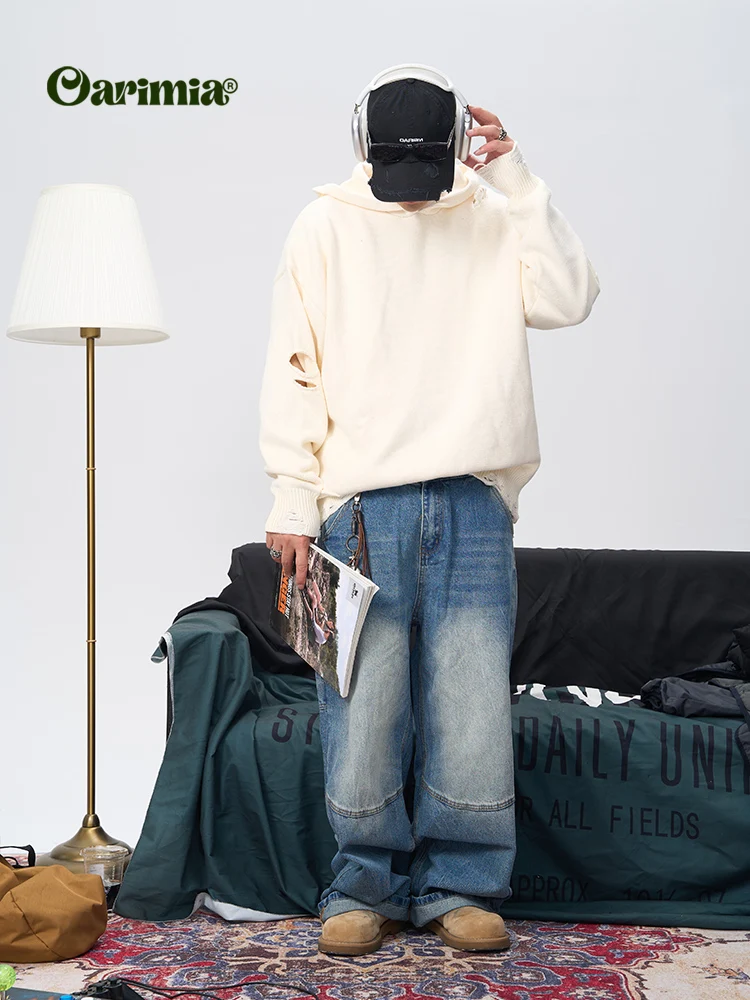 Oarimia24aw Japan fashion Retro Ripped Design Hood Knit Trendy All-Matching Outerwear Men and Women