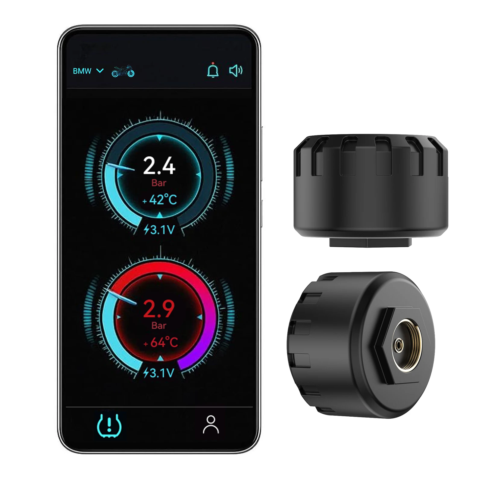 

Система контроля давления в шинах мотоцикла Bluetooth TPMS для мотоциклов Монитор давления и температуры в шинах в реальном в...