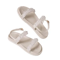 2022 summer sandals womens handmade pearl flower crystal sandals flat simple buckle student all match soft bottom fairy shoes