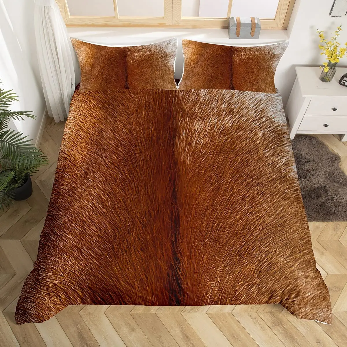 Brown Cowhide Pattern Duvet Cover Set Cow Print Bedding Set Farmhouse Animal Fur Hair Polyester Comforter Cover with Pillowcase