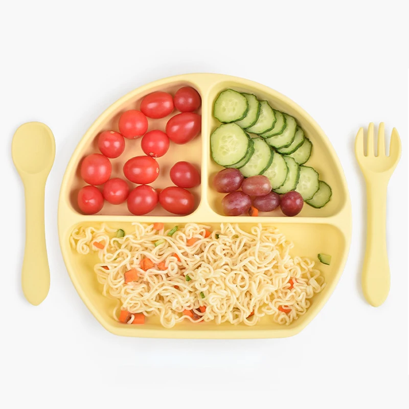 

Baby silicone dinner plate One-piece children's tableware Infant food supplement sucker bowl Eating training fork and spoon set