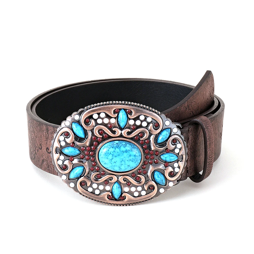 Fashion Classic Turquoise  Decor Textured Buckle Embossed Strap Women`s Jeans Belt
