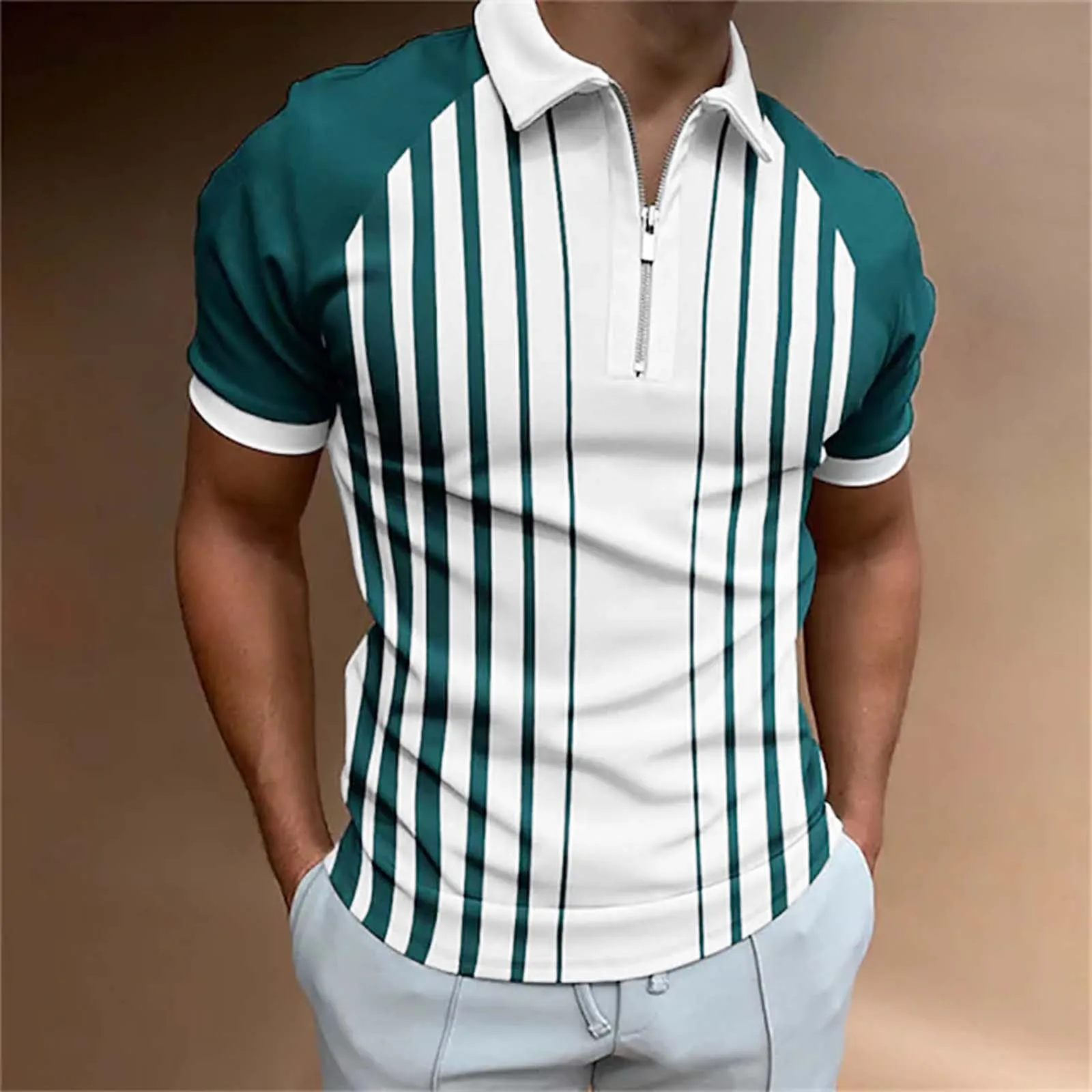

Men's Polo Shirt 2022 Summer Male Casual Splicing Print Zipper Turn Down Collar Blouse Short Sleeve Shirt Men Street Polo Tops