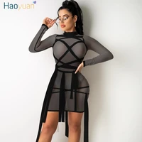 haoyuan sexy mesh sheer long sleeve bandage dresses birthday outfits for women new plus size bodycon mini party night club dress