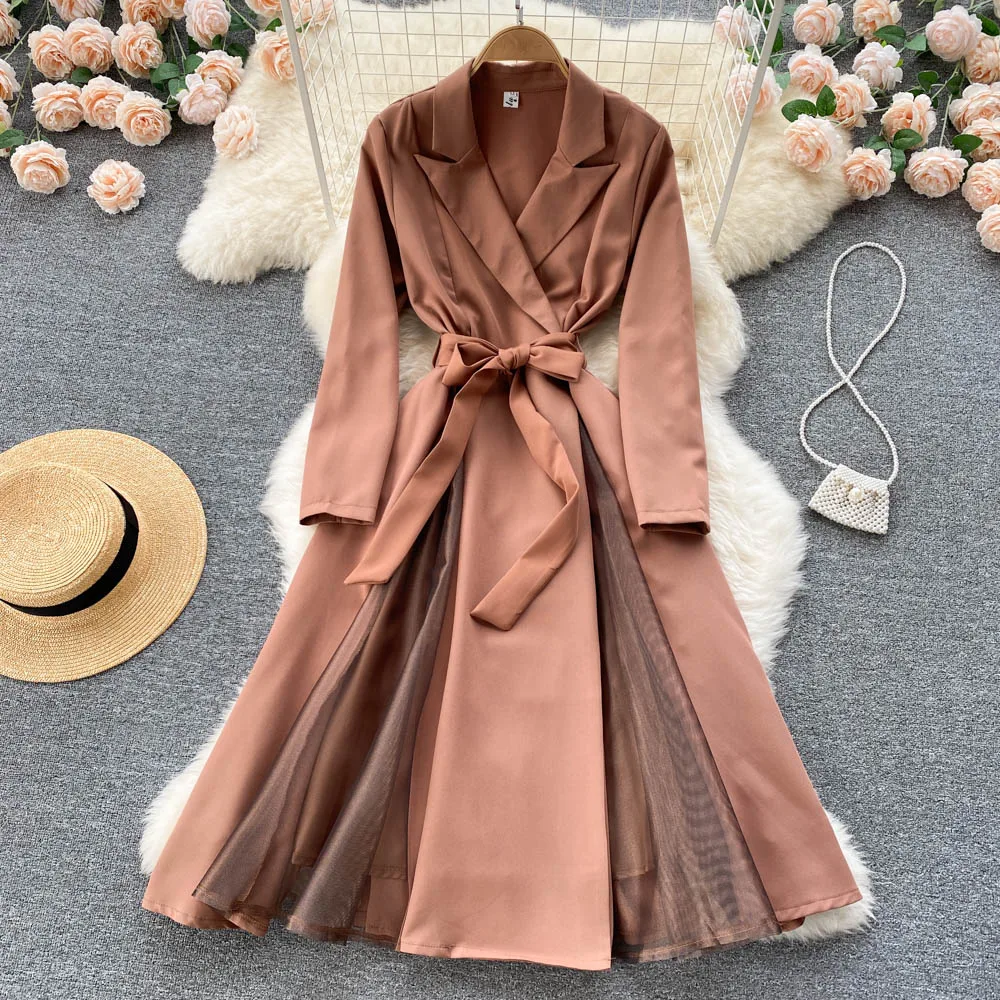 

Aibeautyer New Spring Autumn Casual Solid Slim Lady Dull Dress A Line Notched Collar Chiffon Pullover Women Dresses