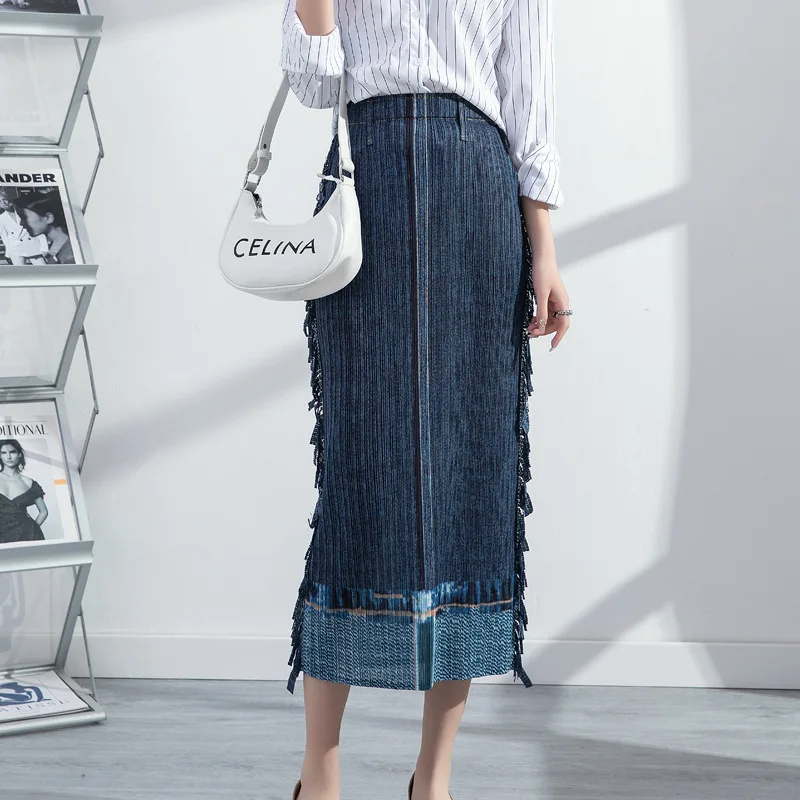 2022 spring new women's package hip skirt Miyak folds Fashion Plus Size Casual High Stretch Denim Mid-Length Pleated Skirt