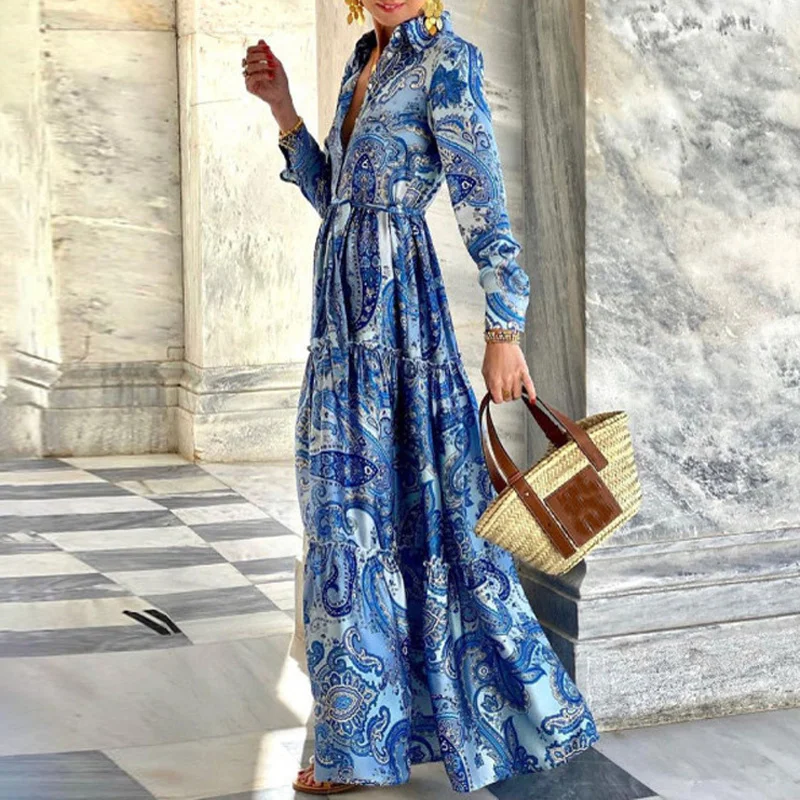 

Summer Loose Boho Maxi Beach Dress Sexy Turn-down Collar Button Long Shirt Dress Women Spring Floral Print Pleated Party Dr2023