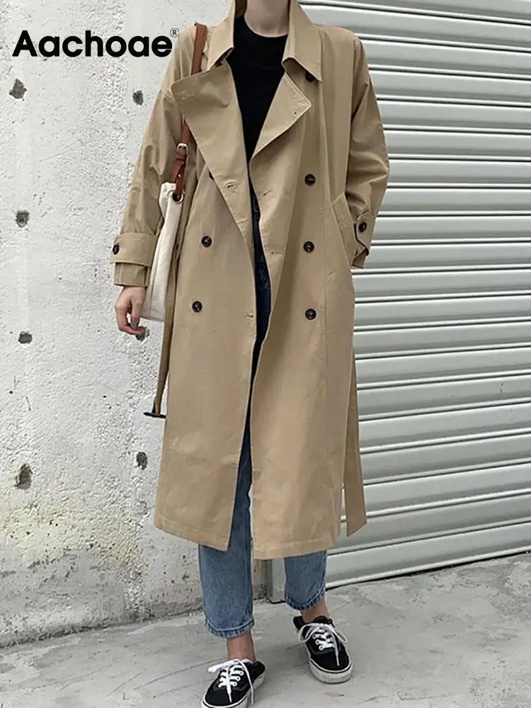 

Aachoae Women Solid Long Trench Coat Double Breasted Elegant Office Coat With Belt Batwing Sleeve Female Casual Jacket Outerwear