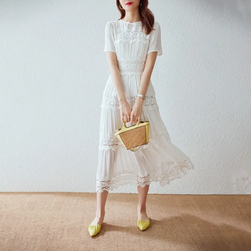 Женское кружевное платье с вышивкой повседневное белое платье-трапеция до