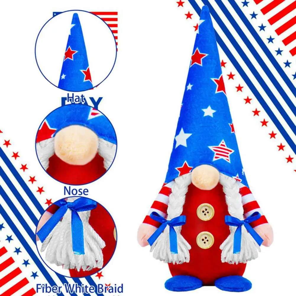 Gnome Plush Doll USA Flag Stripe Pentagram Long Hat Decorative Adorable Red Blue White Independence Day Plush Dwarf Doll Party S