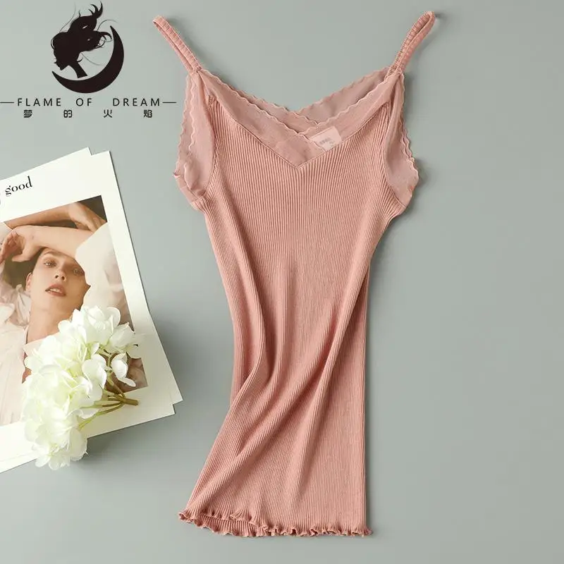 Flame Of Dream Light  Mulberry Silk Lace  Sling Silk High Elastic Thread Slim  Vest 221357