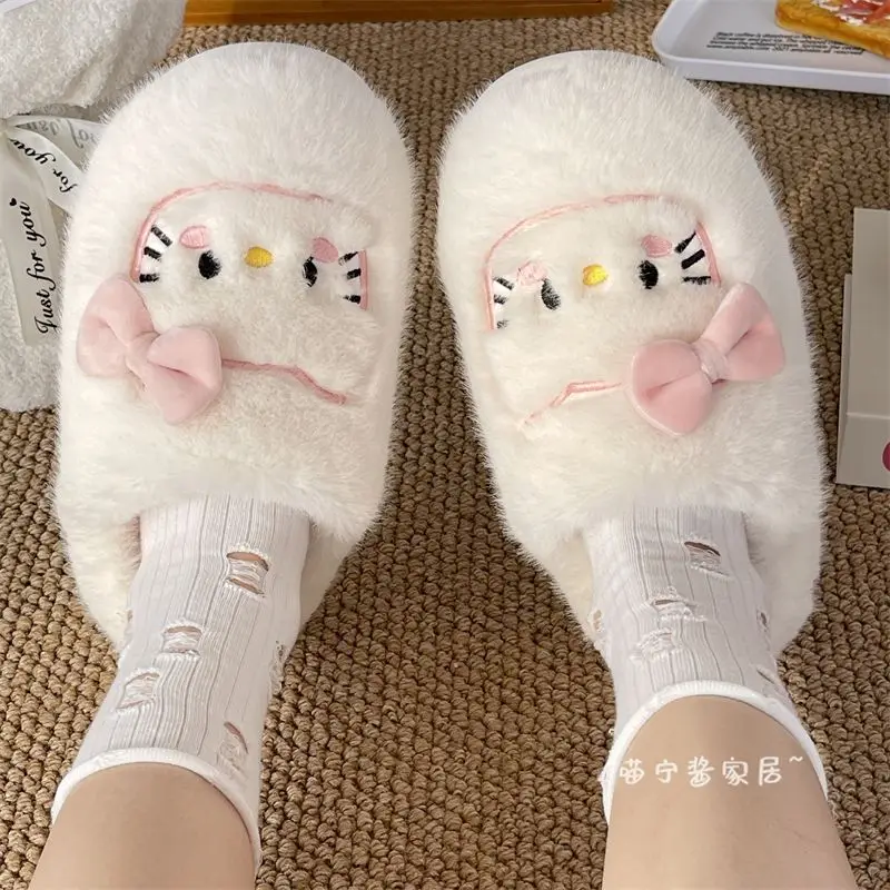 

Женские хлопковые тапочки Sanrio с аниме Hello Kitty, зимние домашние тапочки на толстой нескользящей подошве, теплая плюшевая обувь для дома, подарок